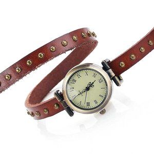 Brown Genuine Leather Triple Wrap Around Strap Watch for Women